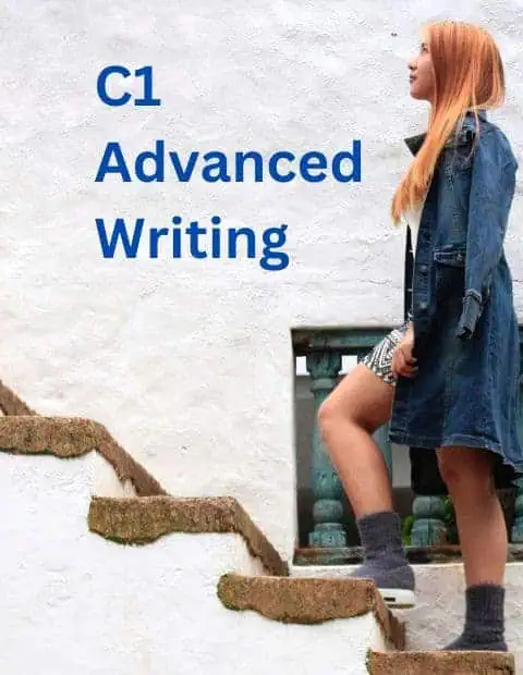 C1 Avanced Writing on a photo f a young red-haired girl walking up steps beside a white wall