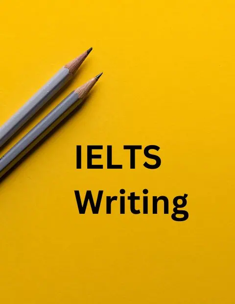 IELTS Writing on a yellow background with two pencils